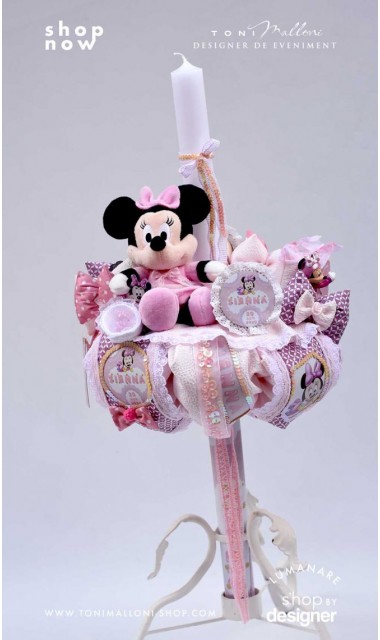 Lumanare cu Minnie Mouse Racer personalizata cu paiete roz si lila 2